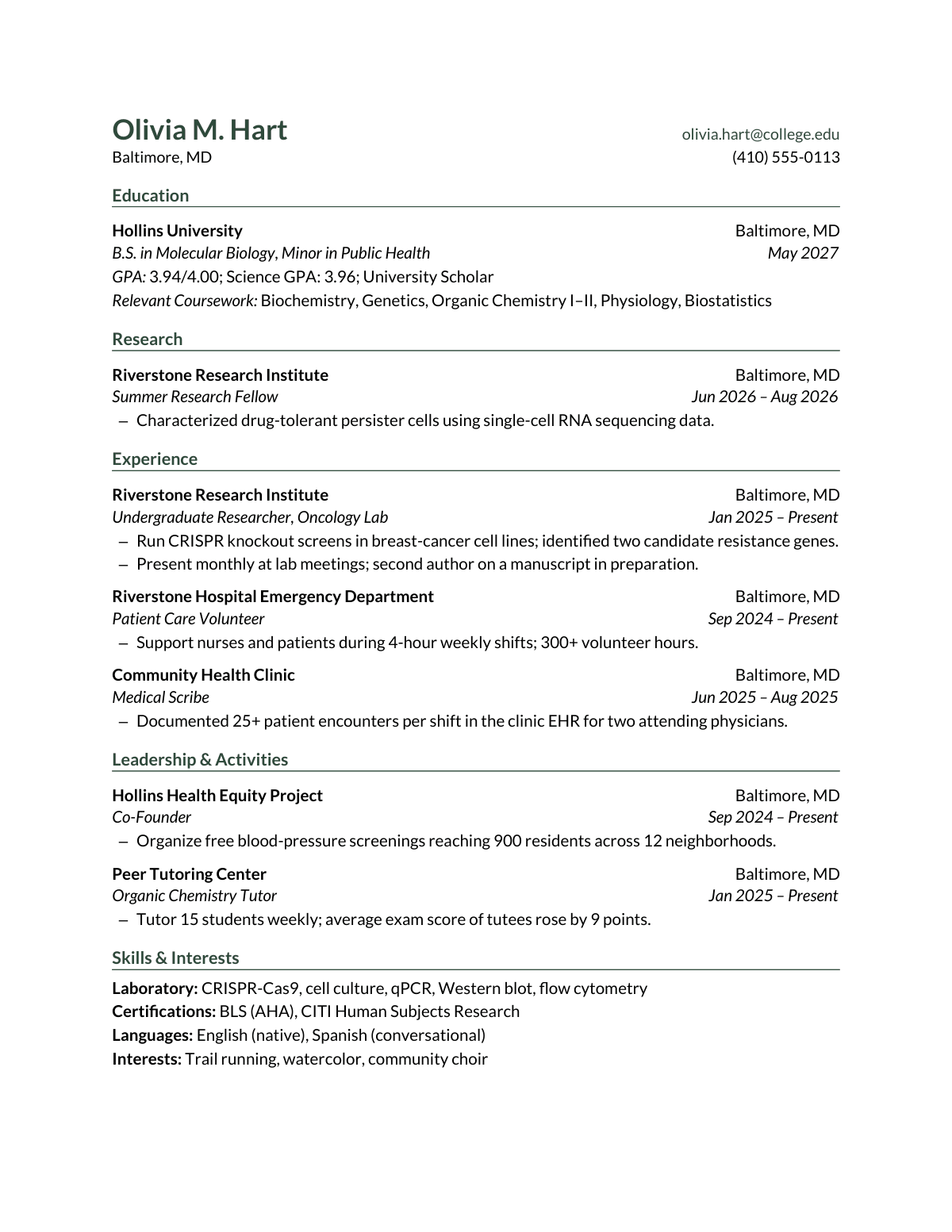 Ivy Oxford Rule Press — Pre-med — resume template preview