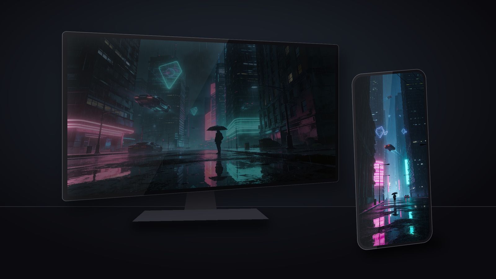 Neon District on a phone and a monitor